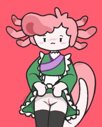 amphibian anthro axolotl blush clothing female genitals green_clothing hair legwear maid_uniform marine mole_salamander pink_body pink_hair pink_skin pink_tail presenting presenting_pussy pussy red_background salamander simple_background simple_eyes smart_dolphin smile smiling_at_viewer smirk smirking_at_viewer solo tail thigh_highs tiney_(smart_dolphin) uniform