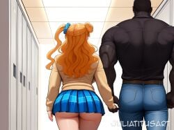 1boy ai_generated artist_name ass ass_focus asymmetrical_hair belt black_shirt blonde_hair blue_pants blue_scrunchie blue_skirt breasts cardigan cowboy_shot dark-skinned_male dark_skin denim facing_away female from_behind galko generic_dark-skinned-muscular_male hair_bun hair_ornament hair_scrunchie height_difference holding_hands indoors jeans juliatitusart large_breasts locker locker_room long_hair long_sleeves microskirt miniskirt muscular muscular_male no_panties one_side_up orange_hair pants plaid plaid_skirt pleated_skirt school_uniform scrunchie shirt short_sleeves single_hair_bun single_side_bun skirt sleeves_past_wrists standing straight sweater thick_thighs thighs tight underbutt veins wavy_hair