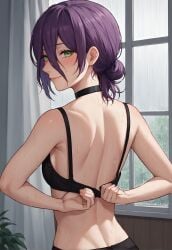 1girls ai_generated black_bra blush bra bra_removed breasts chainsaw_man cute female female_focus female_only green_eyes hair_between_eyes light-skinned_female lilianaa medium_breasts naughty_face purple_hair reze_(chainsaw_man) short_hair sweat taking_clothes_off wet