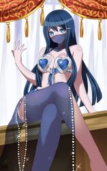 1girls arabian_clothes blue_bra blue_eyes blue_hair blue_pelvic_curtian bra breasts crossed_legs dancer dancer_outfit danganronpa female_only hairclip harem_outfit heart_bra heroofthehearts long_hair looking_at_viewer maizono_sayaka medium_breasts mouth_veil pelvic_curtain