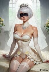 1girls ai_generated arm_support bare_shoulders bed_sheet black_blindfold blindfold breasts bridal_gauntlets bridal_veil bride cleavage collarbone covered_eyes covered_navel detached_collar detached_sleeves dress facing_viewer flower garter_straps gloves indoors jewelry large_breasts leotard lips medium_breasts mole mole_under_mouth nier:_automata nose on_bed philon realistic rose shiny shiny_skin short_hair sitting solo stable_diffusion strapless strapless_dress strapless_leotard thighhighs tiara veil wedding_dress white_dress white_gloves white_hair white_leotard white_thighhighs window yellow_flower yellow_rose yorha_2b