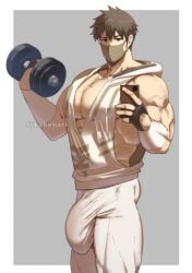 1boy 2024 bara bara_tits biceps big_bulge big_chest big_penis bodybuilder brown_eyes brown_hair bulge dumbbell eikþyrnir_(fire_emblem) fire_emblem fire_emblem_heroes huge_biceps huge_bulge kakenari leggings male male_only massive_penis mouth_mask muscular muscular_arms muscular_legs muscular_male muscular_thighs nipples nipples_visible_through_clothing pecs pectorals penis penis_visible_through_pants selfie simple_background sleeveless_hoodie smartphone solo thighs tight_clothes tight_pants twitter_username veins veiny_biceps white_leggings