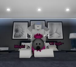 1boy 1girls 3d artist_request bed bedroom covering_face dummy_(roblox) female from_behind grey_skin hand_over_face male male_on_female pink_hair plap roblox roblox_avatar robloxian source_request tagme text