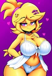 ai_generated anthro blush cameltoe chica_(cally3d) chica_(fnaf) chiku chiku_(cryptia) female female_only five_nights_at_freddy's fredina's_nightclub heart lingerie nai_diffusion novelai pink_eyes seductive self_upload smirk weedvee420 yellow_body