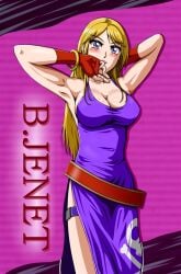 arms_up belt big_breasts big_breasts blonde_hair blue_eyes bonne_jenet cleavage dress female female_only gloves king_of_fighters long_hair pirate pirate_girl purple_dress skull