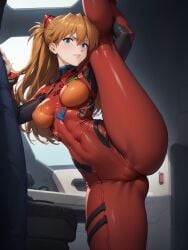 1girls ai_generated asuka_langley_sohryu big_breasts blue_eyes breasts generatornowai leg_grab leg_up legs_apart long_hair looking_at_viewer neon_genesis_evangelion not_porn red_hair red_plugsuit solo thighs