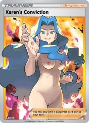 1girls accurate_art_style areolae armpit blue_eyes blue_hair breasts casual casual_nudity clenched_fist completely_naked completely_nude completely_nude_female edit edited_official_artwork english_text female human karen_(pokemon) long_hair looking_at_viewer naked naked_female navel nintendo nipples nonsexual_nudity nude nude_female nude_filter nudefilterguy official_style pale-skinned_female pale_skin pokemon pokemon_card pokemon_gsc pokemon_hgss pokemon_trading_card_game pussy shaved_pussy smile solo solo_female standing text trading_card