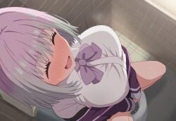 ai_generated bare_legs bathroom blush closed_eyes embarrassed gigantic_breasts huge_breasts in_search_of_holy_water large_breasts light-skinned_female light_skin peeing pink_hair schoolgirl shinjou_akane short_hair smiling ssss.gridman thick_thighs thighs toilet urinating urinating_female urination urine