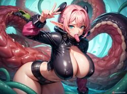 1girls 4:3 ai_generated big_ass big_breasts elf_ears female huge_breasts pink_hair tentacle tentacle_from_mouth tentacle_sex worried