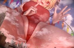 blonde_female blonde_hair city_background flandre_scarlet giantess giantess_growth happy_female macro_female micro_perspective one_eye_closed onesie pussy_through_clothing serasphere spread_legs spreading touhou touhou_project