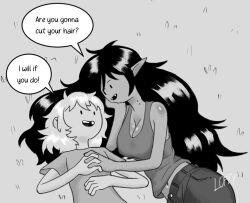 1boy adventure_time black_and_white black_hair cleavage couple dialogue fangs female field finn_the_human hand_on_head holding_hands human jeans laying_on_ground laying_on_side lofty_(artist) long_hair looking_at_another marceline open_mouth smile vampire vampire_girl