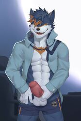 abs agonylight anthro biceps big_muscles black_fur bulge canine cellphone claws clothed clothing fur hi_res kemono looking_at_viewer male male_only mammal muscular necktie outside pants pecs penis phone seaside smile solo standing topless ty_arashi white_fur wolf yellow_eyes