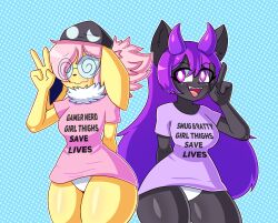 2024 absurd_res anthro black_body black_fur breasts clothing digital_media_(artwork) duo eeveelution english_text fan_character female female/female fur generation_1_pokemon gesture hair hand_gesture hi_res jolteon lagomorph leporid long_hair mammal mintyspirit neck_tuft nintendo panties pink_clothing pink_hair pink_shirt pink_topwear pokemon pokemon_(species) purple_clothing purple_hair purple_shirt purple_topwear rabbit shirt text text_on_clothing text_on_shirt text_on_topwear thick_thighs topwear tuft underwear v_sign white_clothing white_panties white_underwear wide_hips yellow_body yellow_fur