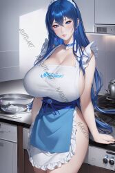 1girls ai_generated apron blue_eyes blue_hair breasts choker earrings harutoart kitchen large_breasts long_hair looking_at_viewer maid maid_apron maid_headdress maid_uniform milf naked_apron original stove tea_kettle