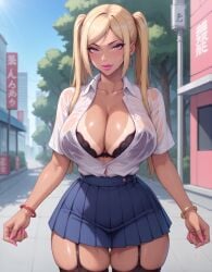 1girls ai_generated bimbo bimbo_body blonde_hair button_down_shirt huge_breasts leg_stockings legwear lewdwaifulaifu looking_at_viewer plump_thighs school_uniform see-through_top skirt slim_waist tanlines thick_thighs thighs twintails wet_clothes yellow_eyes