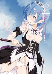 !? :o absurdres black_dress black_ribbon blue_eyes blue_hair blush breasts chains commission dress female flower_knot hair_ornament hair_ribbon highres holding holding_chain holding_weapon neck_ribbon nipples panties pink_ribbon pixiv_commission re:zero_kara_hajimeru_isekai_seikatsu rem_(re:zero) ribbon short_hair sirokohi small_breasts solo surprised thighhighs torn_clothes torn_dress underwear weapon white_dress white_panties white_thighhighs x_hair_ornament