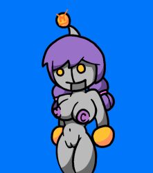 blue_background completely_nude_female gray_body joke_explainer_7000 music_(culture) purple_nipples robot_girl siivagunner smile standing the_joke-explainer_7000 yellow_eyes