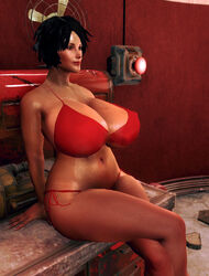 3d big_breasts bikini black_hair breasts chubby cleavage fallout fallout_4 female huge_breasts indoors liza posing red short_hair thick thick_thighs wide_hips