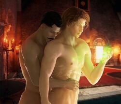 2boys abs artist_name artist_signature balcony beauty_mark biceps black_hair candle candlelight candles closed_eyes cuddling cute dark-skinned_male dark_hair dark_skin daylight dorian_pavus dragon_age dragon_age_inquisition duo facial_hair fireplace gay gay_male glowing_eyes green_eyes holding_partner human human_only inquisitor_(dragon_age) light-skinned_male light_skin mage magic magic_user male male/male male_only mole moustache moustache muscles muscular muscular_male nikashepard nipples open_window pecs ryan_trevelyan shirtless shirtless_male standing standing_position stone_wall sunlight window