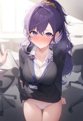 1girls ai_generated asahina_mafuyu big_breasts blush blush bottomless bottomless_female breasts breasts breasts female female_focus female_only high_resolution highres legs looking_at_viewer panties pov project_sekai purple_eyes purple_hair solo solo_female solo_focus suit thighs underwear