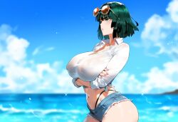 1girls ai_generated bare_thighs big_breasts blush breasts_bigger_than_head clothed clothing color female female_focus female_only fubuki_(one-punch_man) green_eyes green_hair henrik_n hi_res jean_shorts jewelry large_breasts light-skinned_female light_skin looking_at_viewer nipples_visible_through_clothing no_bra one-punch_man short_hair solo solo_female sunglasses sunglasses_on_head tagme thick_thighs wet_shirt