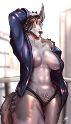 absurd_res breasts canid canine clothed clothing female fur gow_the_bangkaew hi_res looking_at_viewer mammal nipple_outline nipple_slip nude partially_clothed solo zenfry