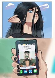 1futa 2girls black_hair_female black_hair_futa buttjob clothed clothing elf elf_ears english_text erection female fully_clothed futanari holding_phone huge_cock human humanoid iphone light-skinned_female light-skinned_futanari light_skin long_black_hair looking_down luna_(streachybear) notification original original_character original_characters penis puck_(streachybear) streachybear sweat sweatdrop sweating tagme text