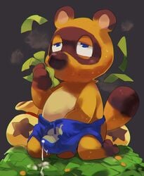 2017 animal_crossing anthro apron bells_(animal_crossing) bulge coin cum furry invalid_tag male male_only mammal masshiro masturbation money nintendo slightly_chubby solo sweat tanuki tom_nook