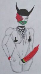 1futa big_breasts big_penis big_thighs choker condom countryhumans demon demon_futa demon_horns earrings futa_only futa_sans_pussy futanari hand_drawn keffiyeh low_quality palestine_(countryhumans) pasties personification politics sketch smug smug_grin solo solo_futa tape_pasties terrorism traditional_media