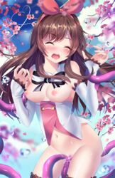 ;o a.i._channel artist_name bare_shoulders black_ribbon blue_sky blurry blush bottomless breasts breasts_out brown_hair censored cherry_blossoms closed_mouth cowboy_shot day depth_of_field detached_collar detached_sleeves facing_viewer female groin hair_ribbon heart heart_of_string highres kizuna_ai kizuna_ai_inc. long_hair long_sleeves medium_breasts mosaic_censoring multicolored_hair navel neck_ribbon nipples one_eye_closed open_mouth outdoors pink_hair pink_ribbon ribbon round_teeth sky sleeves_past_wrists solo squchan standing stomach sweat teeth tentacle thighs two-tone_hair vaginal_penetration veins virtual_youtuber water_drop wince wrist_grab