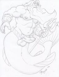 2016 anthro anus armpit_hair balls beard bracelet disney dudebulge erection facial_hair greyscale hi_res holding_object holding_weapon humanoid_penis king_triton long_foreskin looking_at_viewer male male_only marine melee_weapon merfolk monochrome musclegut muscular navel nipples pecs pencil_(artwork) penis polearm solo swimming the_little_mermaid traditional_media_(artwork) trident uncut vein veiny_penis weapon