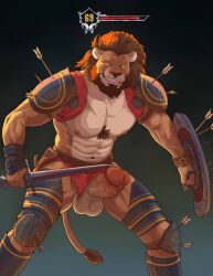 abs absurd_res anthro arrows balls biped bottomwear clothing digital_drawing_(artwork) digital_media_(artwork) erection felid fur genitals ggan_ggandi glans hi_res lion loincloth male mammal melee_weapon muscular muscular_anthro muscular_male nipples pantherine penis shield standing sword teeth weapon