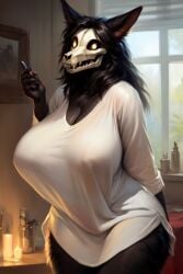 ai_generated anthro barely_visible_nipples bathroom big_ass big_breasts big_butt black_body black_ear black_ears black_fur black_hair black_hands body_fur breasts canid canine canine_skull canine_teeth canis cute_expression dark_body dark_fur dark_hair dark_skin detailed detailed_background ears_up evening female_anthro fluffy_body glowing_eyes guardianw0lf hands_behind_back holding_object inner_ear_fluff larger_anthro leaning_forward legs_together long_ears long_hair looking_at_viewer mal0 malo mammal mature_anthro mature_female monster mostly_nude no_underwear scp-1471 scp-1471-a scp_foundation shirt shirt_only skull skull_accessory skull_head skull_mask thick_thighs white_shirt wide_hips