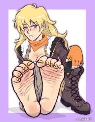 1girls 2024 barefoot blonde_hair blush boots_removed feet female female_only foot_fetish foot_focus holding_boots holding_object purple_eyes rwby scrunched_toes simple_background smile solo szeroart tagme toenails wrinkled_feet wrinkles yang_xiao_long yellow_toenails