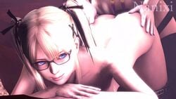 2girls 3d animated bent_over blonde_hair blue_eyes dead_or_alive female from_behind glasses looking_back loop marie_rose nanixi no_sound nyotengu source_filmmaker strap-on thighhighs twintails video yuri