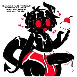 1boy 2024 2d anthro azazel_(the_binding_of_isaac) big_balls big_penis black_body black_hair bottle bottomwear cum cum_on_body cum_on_food cute deadsector demon demon_boy demon_horns femboy food foodplay girly hair heart huge_balls huge_cock humanoid hung_femboy hung_trap ice_cream ineffective_clothing leaking_cum male male_only motion_lines no_humans non-human non-human_only penis_out red_eyes self_upload shorts shortstack suggestive_food swimming_trunks swimsuit swimwear text the_binding_of_isaac thick_thighs tongue tongue_out topless unaware
