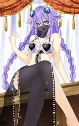 1girls arabian_clothes black_bra black_pelvic_curtain blue_eyes bra breasts crossed_legs goth goth_girl hair_ornament harem_outfit heart_bra heroofthehearts lipstick looking_at_viewer makeup medium_breasts mouth_veil neptune_(neptunia) neptunia_(series) pelvic_curtain purple_hair purple_heart_(neptunia) twin_braids