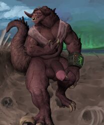 anthro armband azathura bodily_fluids bone bottomless bottomless_male clothed clothing deathclaw eyewear fallout genital_fluids genitals glasses hi_res horn male male_only microsoft musclegut muscular outside penis precum scalie skull solo thick_penis