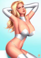 armpits artist_name belly blonde_hair blue_eyes boots breasts cleavage clothed_female clothing collar covered_breasts covered_erect_nipples curvaceous elbow_gloves emma_frost erect_nipples erect_nipples_under_clothes female female_only footwear gloves high_resolution hips huge_breasts large_breasts legs legwear light-skinned_female light_skin lipstick long_hair makeup marvel marvel_comics midriff mutant navel new_x-mensuperheroine nipples pantsu patreon_logo shoes simple_background skin_tight solo superhero supervillain svoidist thigh_boots thighhighs thighs thong tight tight_clothes underwear watermark white_boots white_gloves white_panties white_queen white_shoes white_underwear x-men