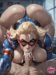 1boy 1girls :>= ai_generated areolae ass ass_focus ass_up big_ass big_breasts blonde_hair blowjob bodysuit boku_no_hero_academia breasts cathleen_bate cum cum_in_mouth cum_on_penis cumshot ejaculation ejaculation_in_mouth faceless_male fellatio huge_ass long_hair looking_at_viewer my_hero_academia nipples slutcentralai star_and_stripe_(my_hero_academia) tagme wide_hips