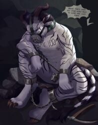 4_ears 4_toes abs ankle_cuffs anthro balls black_hair black_stripes blue_eyes body_writing bound chained chains charr chastity_cage chastity_device cheek_spikes chest_tattoo claws collar crazydonkey cuff_(restraint) dialogue digitigrade english_text facial_piercing facial_spikes feet felid front_view fur genitals guild_wars hair heel_claw hi_res horn male male_only mammal markings metal_chastity_cage metal_collar metal_cuffs mine multi_ear muscular muscular_male muzzle_(object) muzzled nipple_piercing nipples nose_piercing nose_ring nude offscreen_character pickaxe piercing pink_nose restraints ring_piercing rock sitting slave solo speech_bubble spikes spikes_(anatomy) striped_body striped_fur striped_markings striped_tail stripes stylized_chastity_cage tail tail_markings tail_tuft tattoo text toe_claws toes tuft white_body white_fur wire_basket_muzzle work_slave