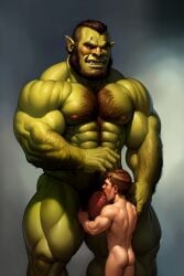 ai_generated blowjob huge_balls huge_cock male_only muscular_male orc orc_male orc_on_human