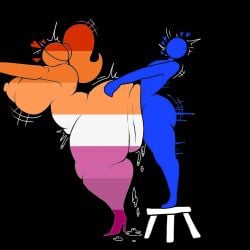 1boy 1boy1girl 1boys 1girl 1girls 2d 2d_(artwork) ambiguous_penetration artist_request big_sub_small_top black_background curvaceous curvaceous_female curvy curvy_female flat_colors gay_pride_colors gigantic_ass gigantic_breasts heart heart_symbol hearts_around_head heel_boots heels lesbian_conversion lesbian_gets_dicked lesbian_pride_colors lesbian_with_male motion_lines orientation_play orientation_play_(explicit) penetration penetration_from_behind pictogram ponytail ponytail_female precum precum_on_ground shorter_male step_stool straight straight_sex taller_female warning_sign_person