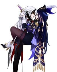 arlecchino_(genshin_impact) clorinde_(genshin_impact) genshin_impact 2girls yuri looking_at_another looking_at_partner power_couple leg_lock leg_wrap legs_wrapped_around_waist romantic toxic_yuri multicolored_hair smile sinister_smile femdom intense_stare
