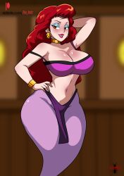 1girl arms_behind_back bare_navel captain_syrup dancer dancer_outfit eyes_open female female_only female_transformation fire_antx front_view genie genie_girl genie_transformation looking_at_viewer mario_(series) nintendo red_hair self_upload super_mario_bros.