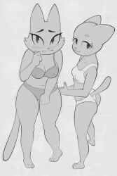 2026 2:3 2girls 3_toes 4_fingers anthro arms_bent ass bare_shoulders barefoot bedroom_eyes big_breasts big_ears big_eyes biped blush blush_lines blushing_profusely bra breast_size_difference breasts butt cartoon_network cheek_tuft closed_smile clothed clothed_anthro clothed_female clothing crossover cutegraphite cutout digital_drawing_(artwork) digital_media_(artwork) domestic_cat duo eyebrows eyelashes facial_tuft feet felid feline felis female female_only fingers fran_(litterbox_comics) fur fur_tuft glistening glistening_eyes grey_background greyscale hands_together hi_res high-angle_view humanoid_hands iris litterbox_comics long_eyelashes long_tail looking_at_viewer looking_up looking_up_at_viewer mammal markings mature mature_anthro mature_female mature_woman milf monochrome mouth_closed narrowed_eyes navel nicole_watterson no_pupils panties plantigrade pointy_ears prick_ears raised_heel seductive shy simple_background small_breasts smile smiling_at_viewer snout standing tail textured_background the_amazing_world_of_gumball thick_eyebrows thick_thighs toes tuft underwear underwear_only whisker_markings