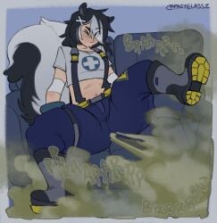pastelassz 1boy 1boys 1femboy male male_only femboy femboy_only solo solo_male solo_femboy black_hair white_highlights skunk_tail skunk_ears skunk_boy healer exposed_midriff one_eye_closed one_eye_open crop_top one_leg_up one_leg_raised sitting sitting_on_couch thick_thighs big_thighs large_thighs thigh_strap male_thighs fart fart_fetish fart_cloud farting farts male_fart femboy_fart male_farting onomatopoeia green_fart green_fart_cloud green_gas green_gas_cloud kemonomimi