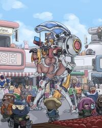 1girls ball_gag blonde_female blonde_hair bondage bound bound_arms bound_wrists breasts breasts_out brown_skin female femsub functionally_nude functionally_nude_female gag green_eyes marbus1000 mecha_bondage mechanical_arm medium_breasts mount pony_girl ponyplay ponytail riding riding_on_back slave slave_girl small_dom_big_sub star_symbol tan_body tattoo tattooed_arm