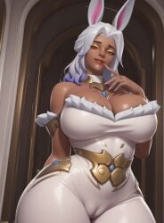 1girls ai_generated animal_ears bare_shoulders blizzard_entertainment breasts bunny_business_domina cameltoe curvy dark-skinned_female dark_skin domina dress fake_animal_ears female female_only finger_to_mouth fur_trim gradient_hair huge_breasts jewelry large_breasts long_hair long_nails looking_at_viewer makeup mole mole_on_breast nail_polish overwatch pink_nails purple_hair rabbit_ears red_eyes ring smile solo standing unholybebra vaira_singhania white_dress white_hair