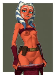 1girl absurdres ahsoka_tano ai_generated alien aroused bare_shoulders belt_buckle belt_pouch biting_own_lip blue_eyes border breasts brown_lips buckle clitoris clothes_lift clothes_pull colored_skin commentary dark_nipples energy_sword english_commentary facial_tattoo highres lekku_(anatomy) lightsaber looking_at_viewer medium_hair nipples no_bra orange_skin outside_border panties pants pants_pull pelvic_curtain perky_breasts petite pink_panties pouch pulling_own_clothes pussy pussy_juice red_tube_top small_breasts solo standing star_wars star_wars:_the_clone_wars_(2008_tv_series) strapless sword tattoo thigh_gap tube_top tube_top_lift uncensored underwear undressing vambraces virtnep weapon white_border wide_hips
